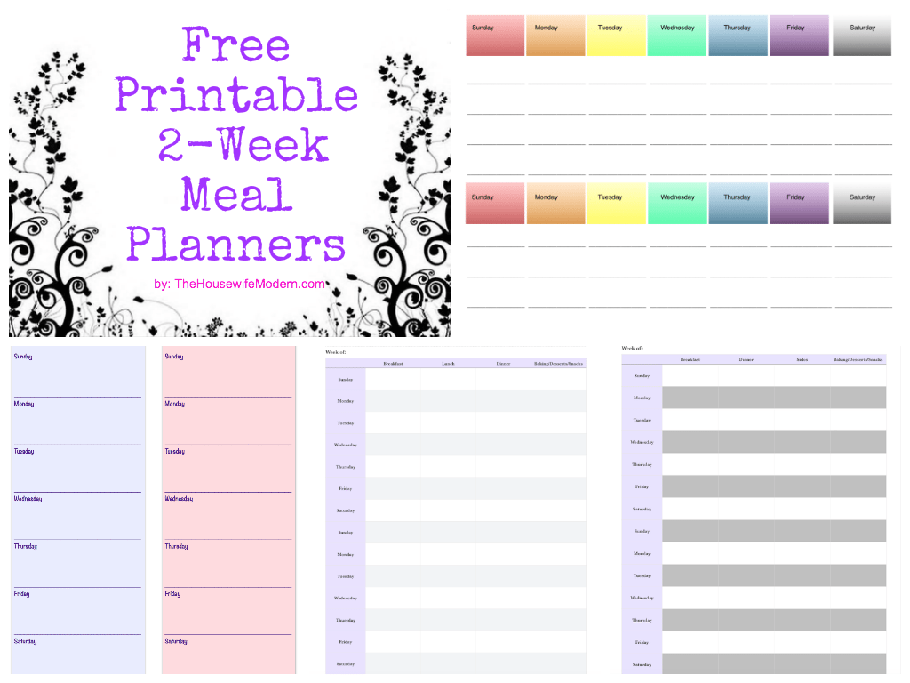 Free Printable 2-week Meal Planners. 3 different designs and links to TONS more free printables.