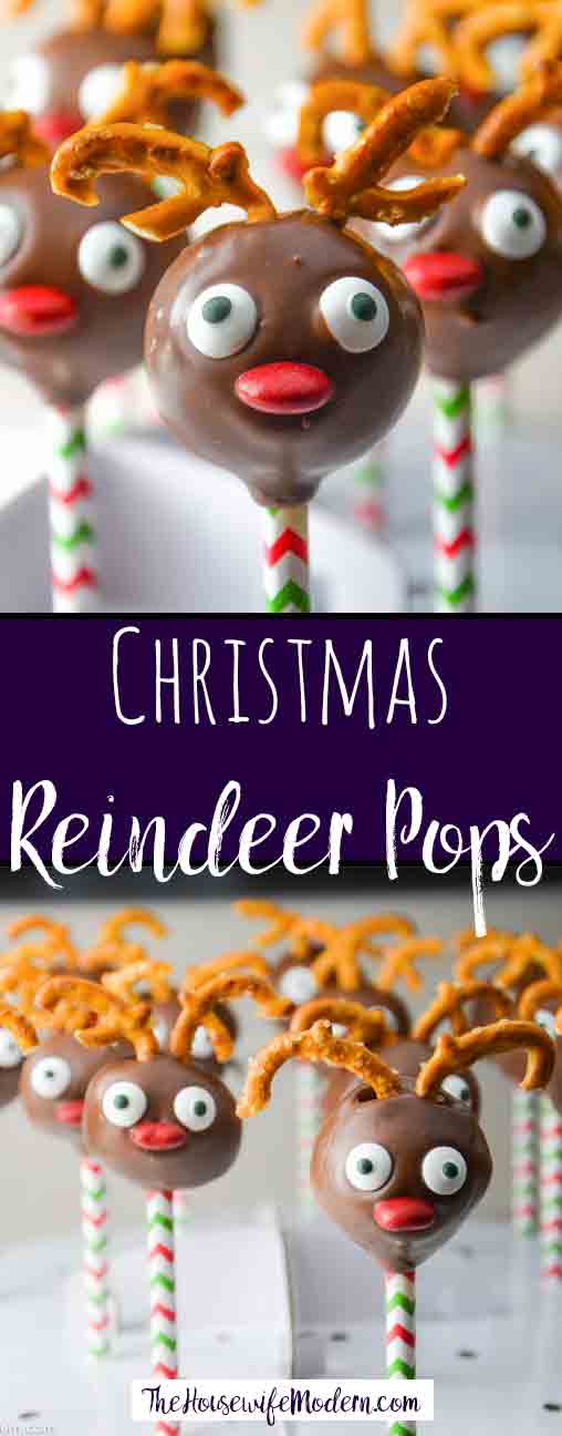 Christmas Reindeer Pops_pin2 Fabulous Christmas Reindeer Pops. Delicious strawberry cake and white chocolate cream cheese frosting, specially decorated for the holidays.