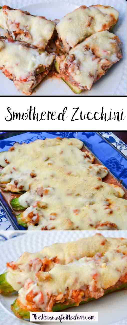 Smothered Zucchini: Delicious and Healthy. Zucchini smothered in sauce, vegetables, and Italian sausage, and topped with a creamy Parmesan cheese sauce.