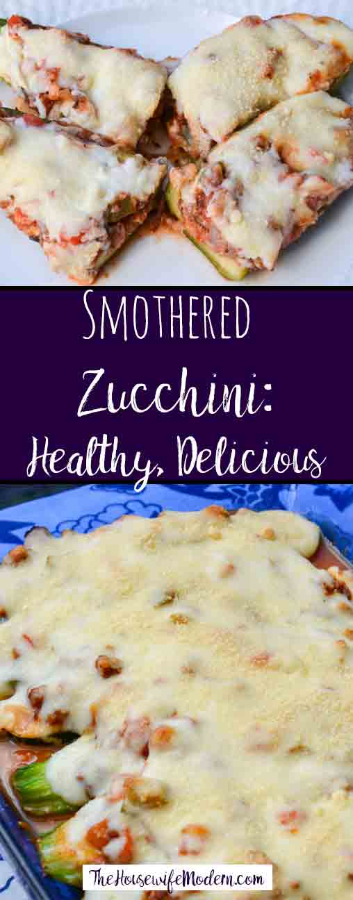 Smothered Zucchini: Delicious and Healthy. Zucchini smothered in sauce, vegetables, and Italian sausage, and topped with a creamy Parmesan cheese sauce.