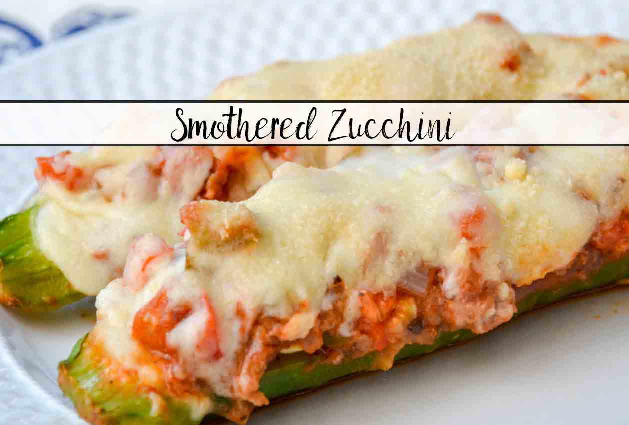 Smothered Zucchini: Delicious and Healthy. Zucchini smothered in sauce, vegetables, and Italian sausage, and topped with a creamy Parmesan cheese sauce.