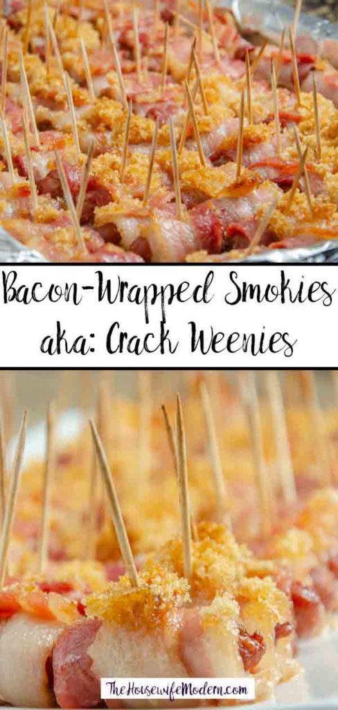 Bacon Wrapped Smokies (aka: Crack Weenies). Completely addictive. Little smokies wrapped in bacon and baked with brown sugar.