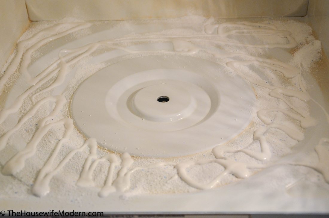 Squeeze out Softscrub all over microwave. Sprinkle Oxiclean over it.