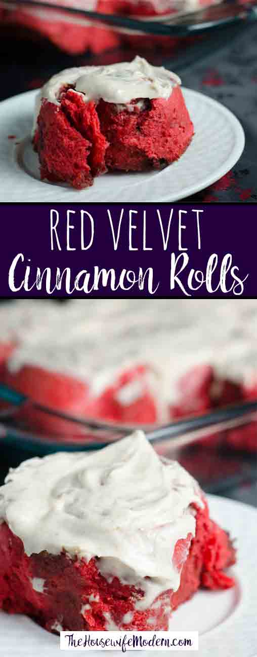 Red Velvet Cinnamon Rolls: Soft, delicious, cinnamon rolls combined with red velvet flavor, and topped with cinnamon cream cheese frosting. #redvelvet #rolls #cinnamonrolls #valentines