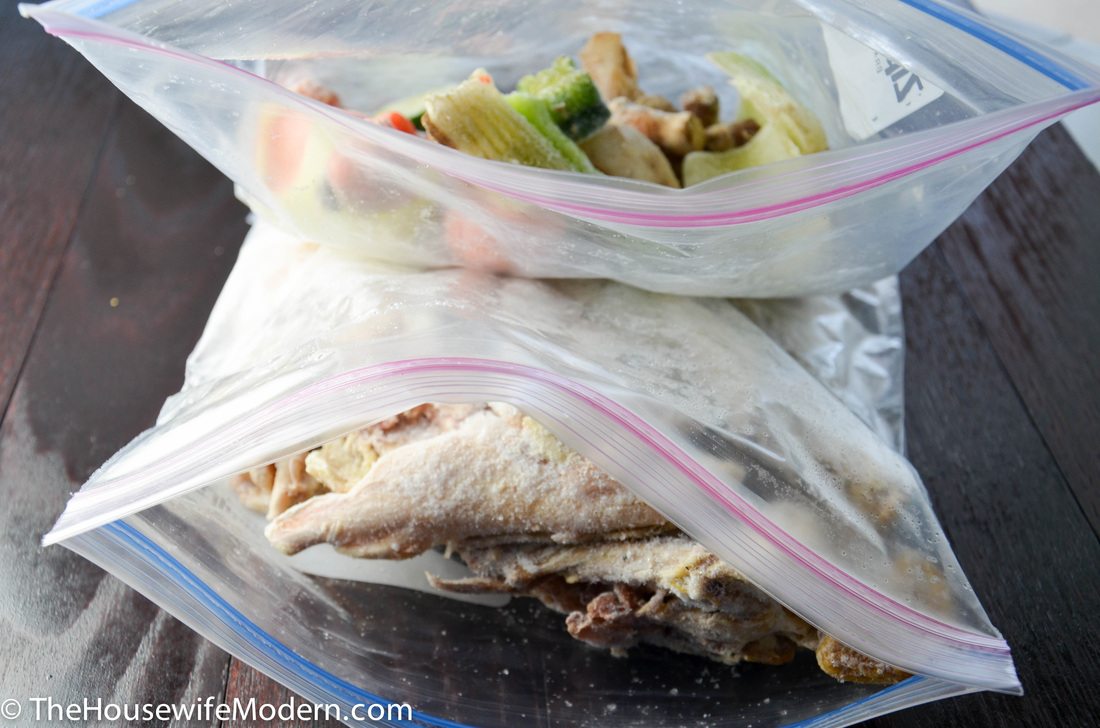 Frozen chunks of vegetables & scrap meat (including bones).