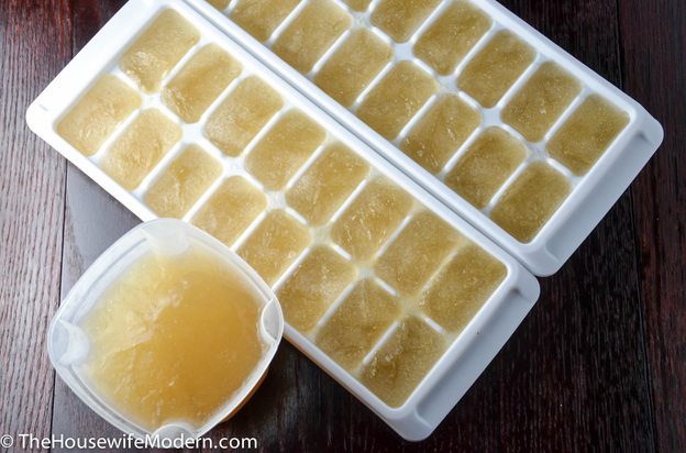 Homemade Chicken & Vegetable Broth_frozen I freeze some of it in a larger container- for when a recipe calls for 2 cups- and the rest as “ice” (broth) cubes. Each cube is approx. 1 Tbsp., so it’s easy to thaw out exactly how much I need.