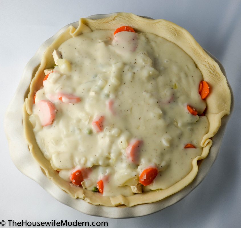 Chicken Pot Pie_prep3 Pour hot liquid mixture over chicken and vegetables.