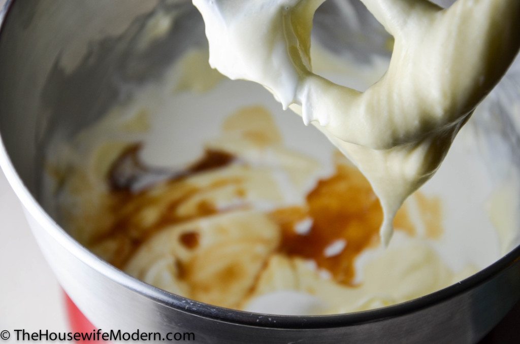 Blend in sour cream, whipping cream and vanilla. Mix until smooth.