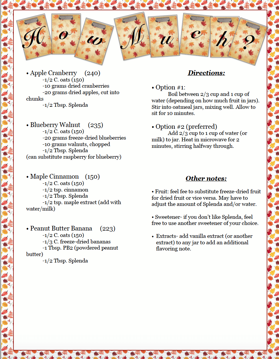 Instant Oatmeal Jars: Easy, Cheap, Filling, and Healthy. Over 15 recipes, directions, and calorie information. And free printable!