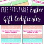 Free Printable Easter Gift Certificates for kids. Pre-filled certificates and blank ones you can fill out yourself. Put in eggs for an easter hunt or in Easter basket.