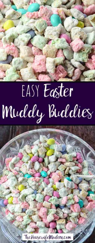 Easter Muddy Buddies (aka: Puppy Chow). Classic peanut butter and chocolate treat with a little twist for Easter. Easy, delicious.