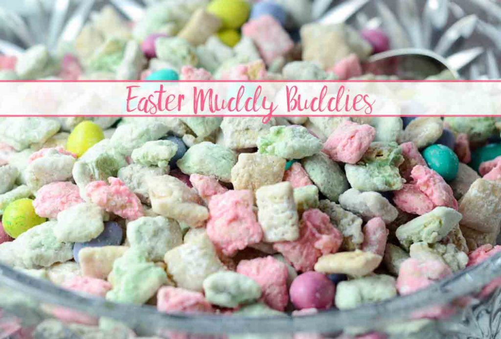 Easter Muddy Buddies (aka: Puppy Chow). Classic peanut butter and chocolate treat with a little twist for Easter. Easy, delicious.