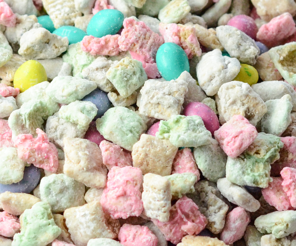 Easter Muddy Buddies (aka: Puppy Chow). Classic peanut butter and chocolate treat with a little twist for Easter. Easy, delicious.