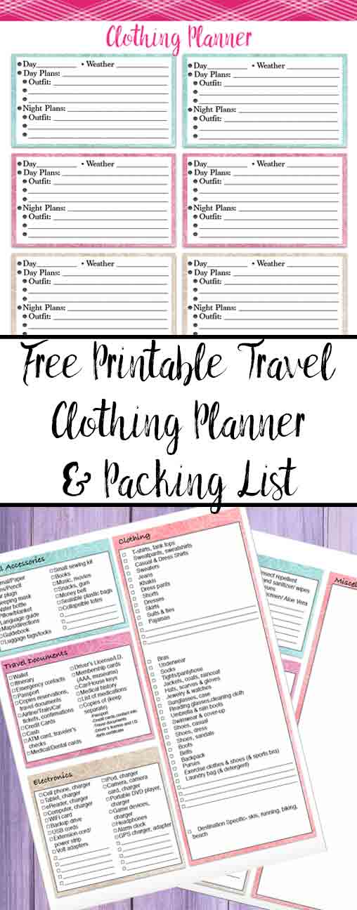 free printable vacation clothing planner daynight travel packing list