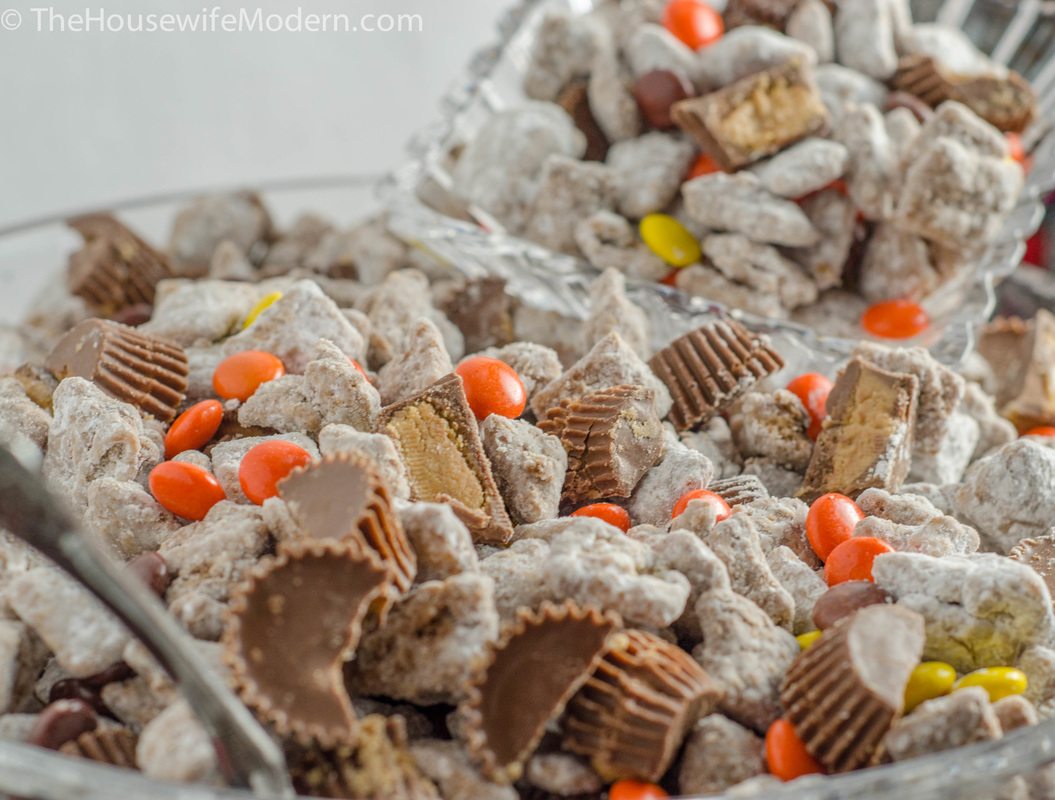 Reese's Peanut Butter Cup Puppy Chow. Muddy buddies made with peanut butter, milk chocolate, peanut butter chips, with Reese’s Peanut Butter Cups and Reese’s Pieces to top it off. Heaven.