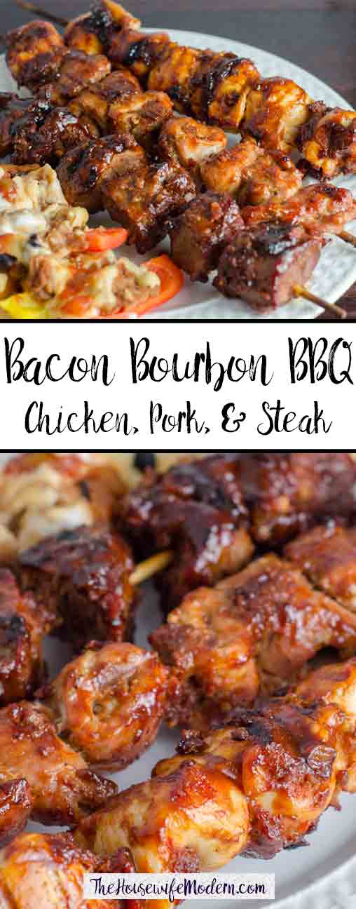 Bacon Bourbon BBQ: Chicken, pork, and steak skewers smothered with a spicy bacon blend and bourbon barbeque sauce.