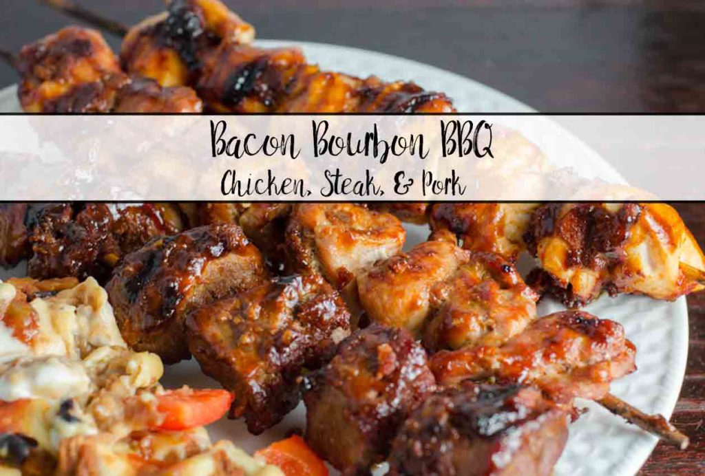 Bacon Bourbon BBQ: Chicken, pork, and steak skewers smothered with a spicy bacon blend and bourbon barbeque sauce.