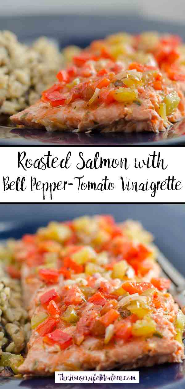 Roasted salmon dressed with a bell pepper and tomato vinaigrette. Elegant entree, delicious, but easy to make.