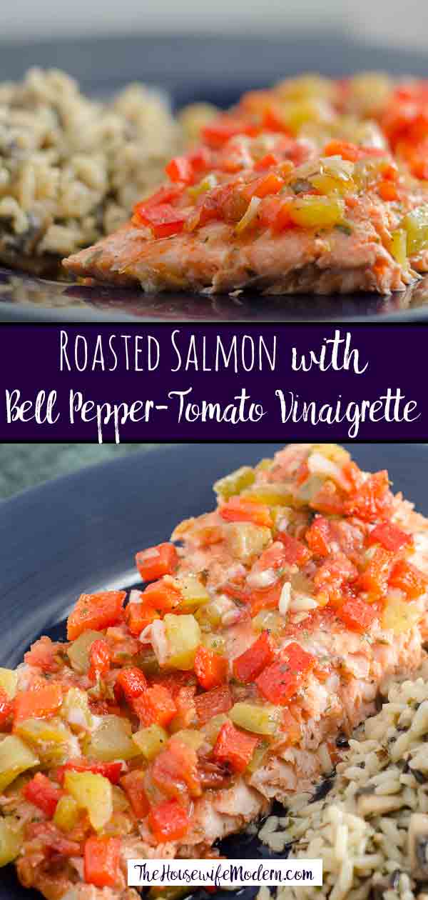 Roasted salmon dressed with a bell pepper and tomato vinaigrette. Elegant entree, delicious, but easy to make.