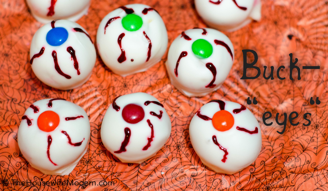 Irresistible Halloween Buck"eyes"- classic buckeyes with white chocolate and decorated just for Halloween.