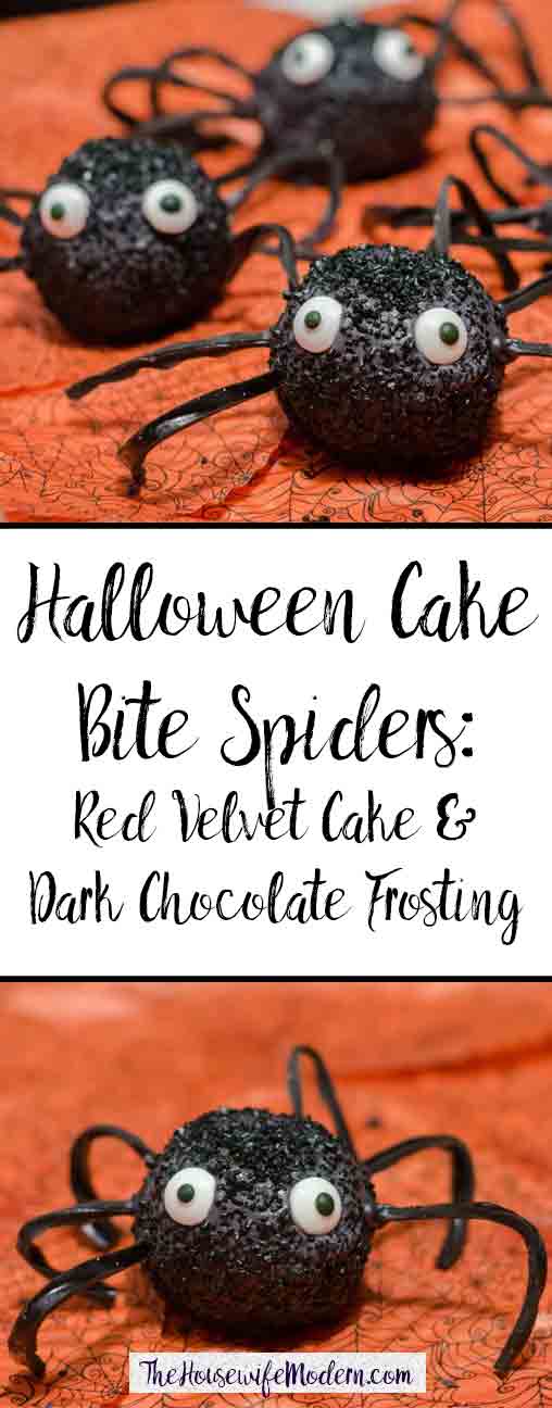 Halloween Spiders_pin Halloween Cake Bite Spiders: Red velvet and dark chocolate cake bites, add chocolate coating and decorations to make adorable spiders.