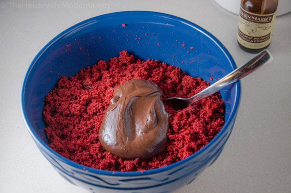 Spiders_prep2 Add 1/2 cup prepared frosting to crumbled up red velvet cake.