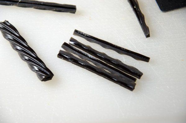 Spiders_prep8 Cut licorice. Error on side of too long and too thin rather than short and thick.