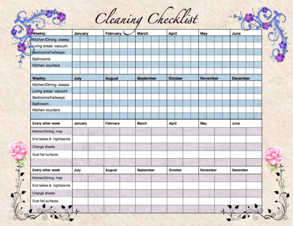 Free printable weekly cleaning & deep-cleaning checklists. Pre-filled out as well as blanks for you to customize. Great for kids' chores! #cleaning #printable #freeprintable #cleaningprintable