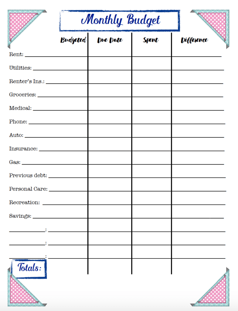 Free Printable Monthly Budget Sheets