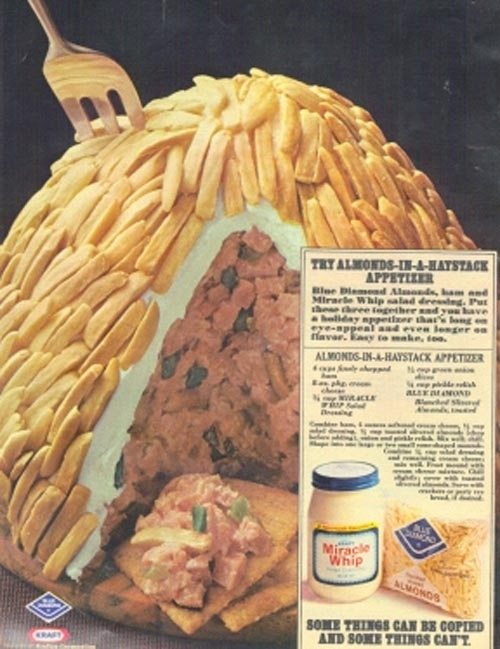 almonds-in-a-haystack1 Insane vintage recipe: Almonds in a Haystack. Consists of minced ham, Miracle Whip, cream cheese, green onions, and relish.