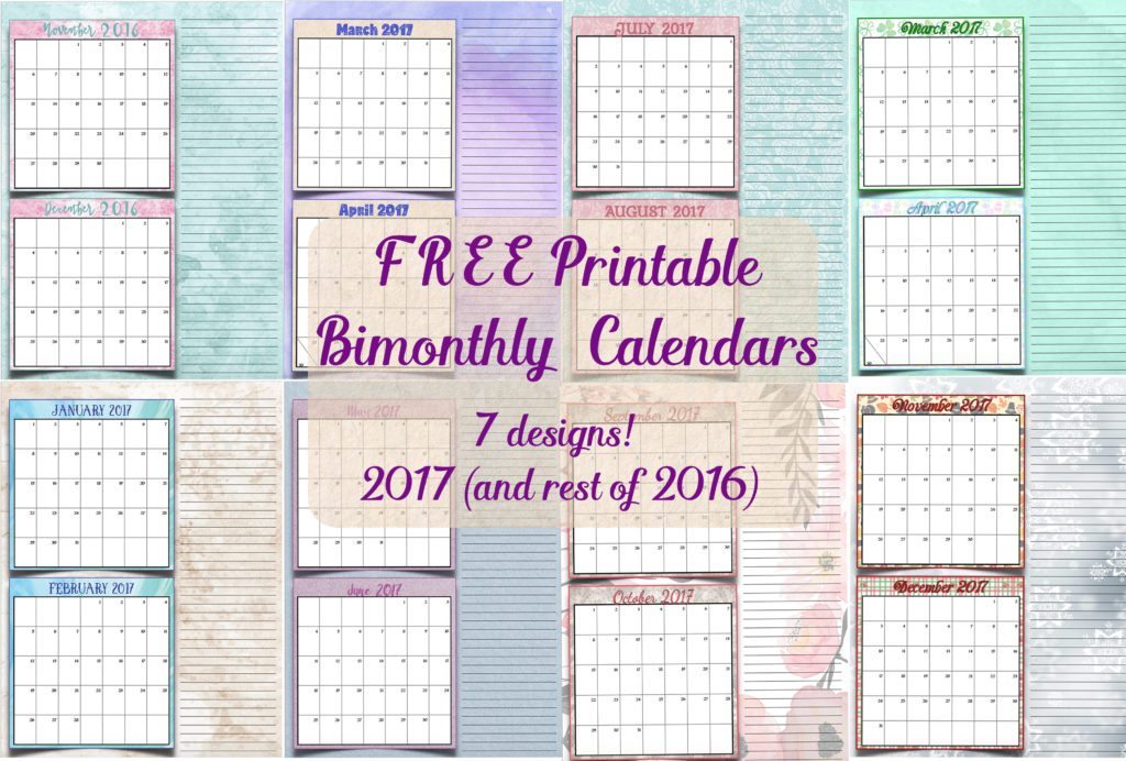 FREE Printable 2017 Bimonthly Calendars: 7 different designs; pick your favorite…plus links to more free printables.