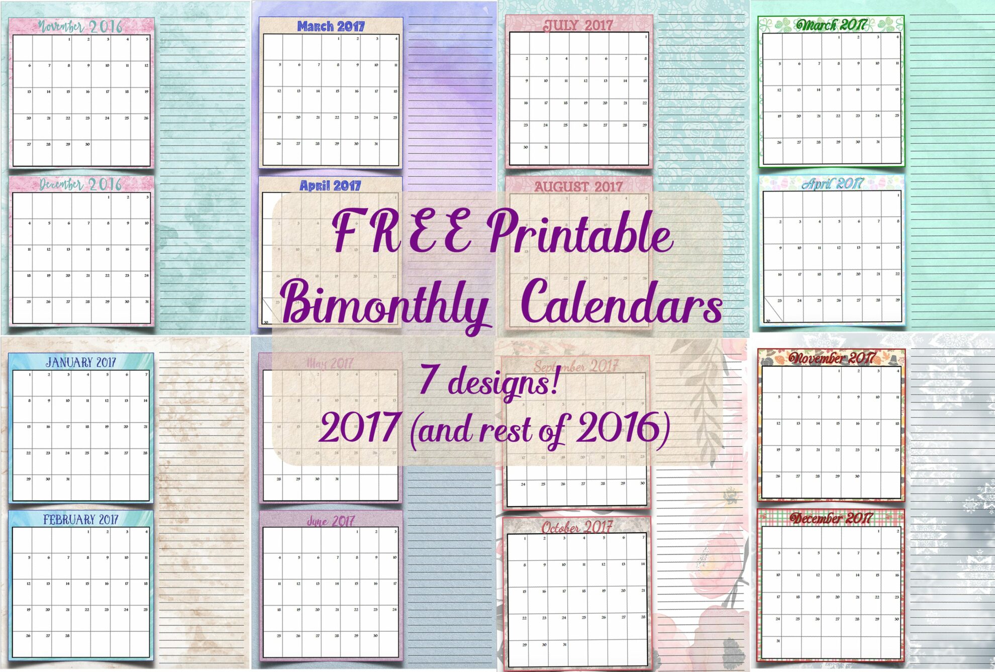 FREE Printable 2017 Bimonthly Calendars: 7 different designs!