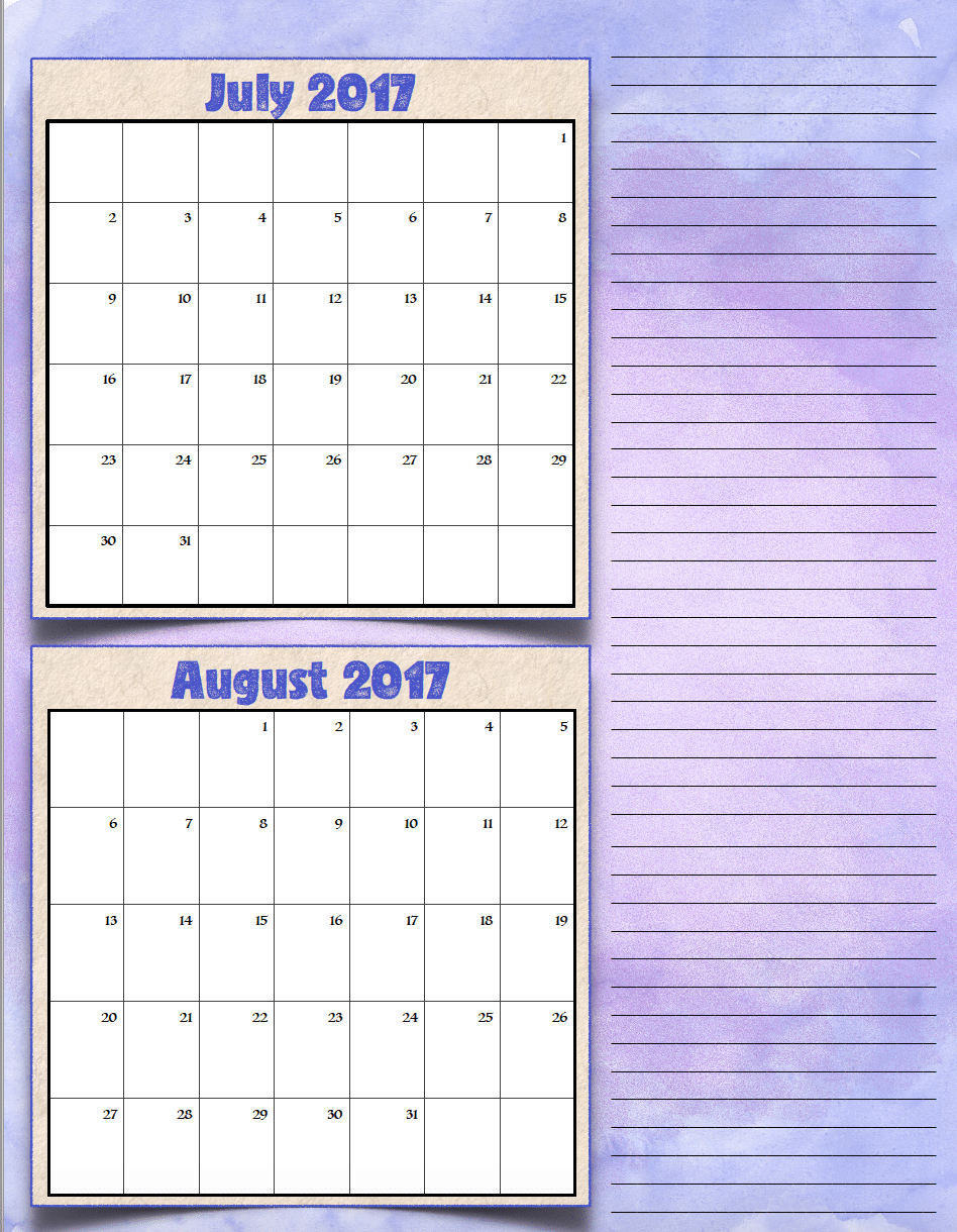 bimonthly3_2017_4_julaug_png FREE Printable 2017 Bimonthly Calendars: 7 different designs; pick your favorite…plus links to more free printables.