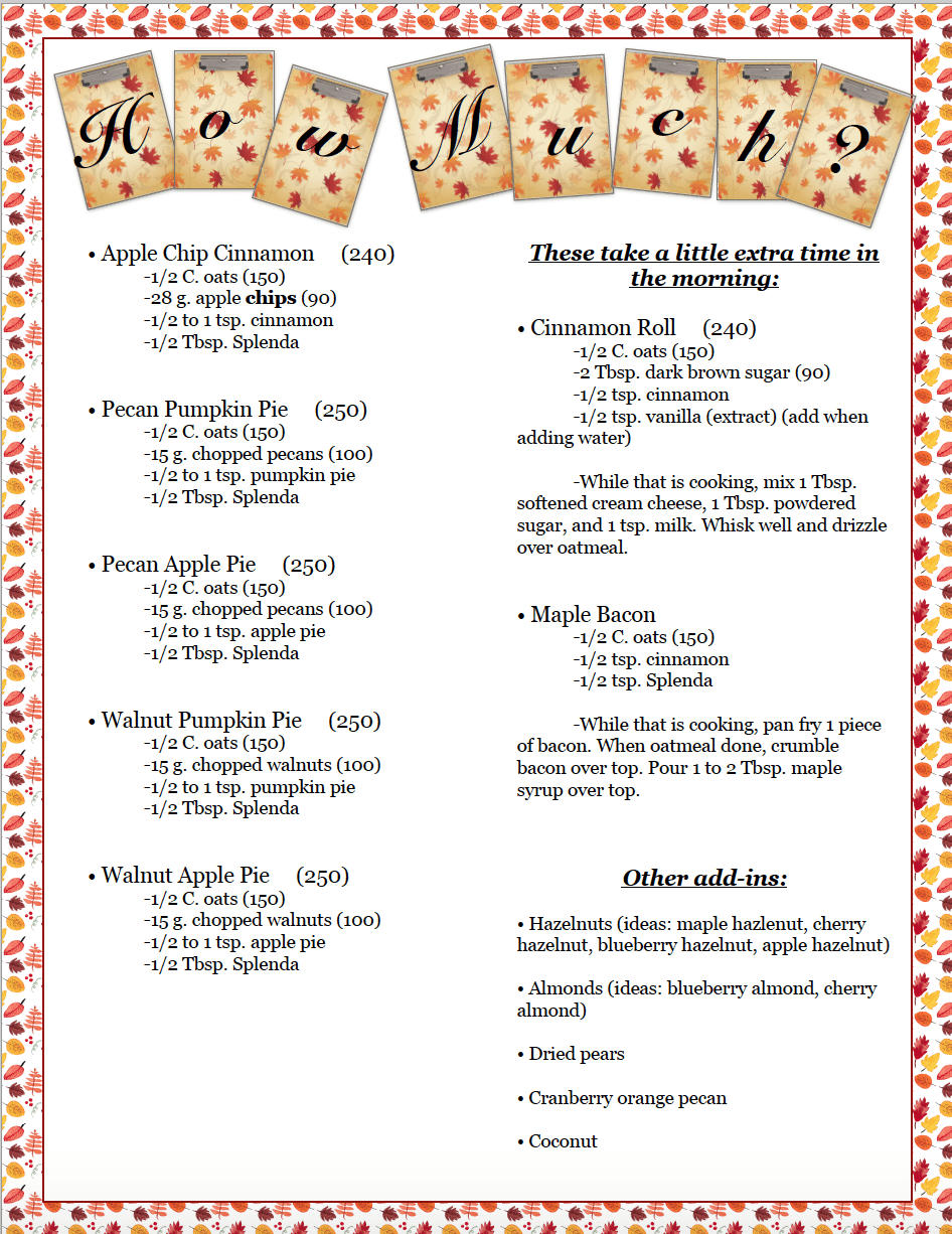 Fall Oatmeal Jars: Cheap, easy, pick your favorite flavors- over 15 options!. Calorie counts included. And free printable!