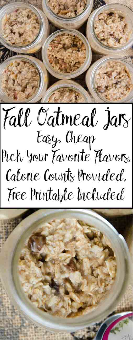 Fall Oatmeal Jars: Cheap, easy, pick your favorite flavors- over 15 options!. Calorie counts included. And free printable!