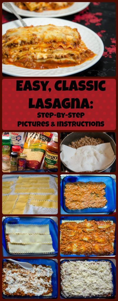 Easy, classic meat lasagna: two meats, three cheeses, delicious. Step-by-step pictures and instructions, printable recipe.