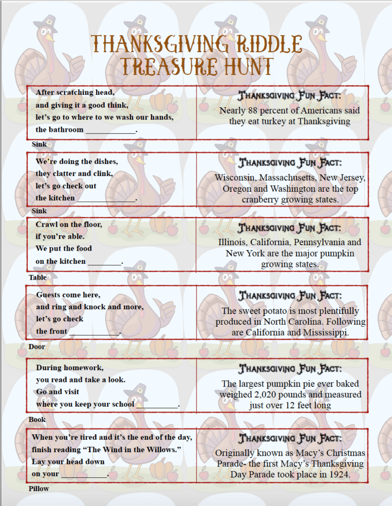 Free Printable Thanksgiving Riddle Treasure Hunt: 18 Mix ...