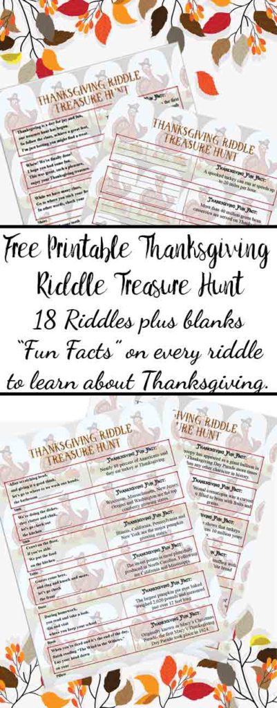 FREE Printable Thanksgiving Riddle Treasure Hunt: 18 mix-and-match clues plus blanks to make your own! Includes "fun facts" on every riddle to learn about Thanksgiving.