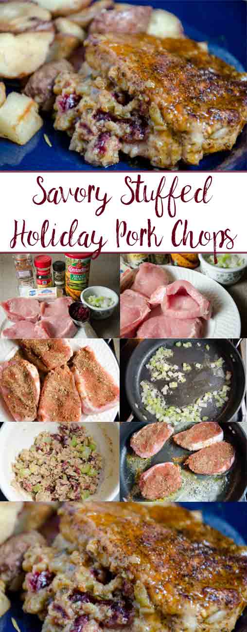 Savory Stuffed Holiday Pork Chops: flavorful stuffed pork chop recipe adapted from the amazing “Southern Living.” Looks elegant, easy to make.