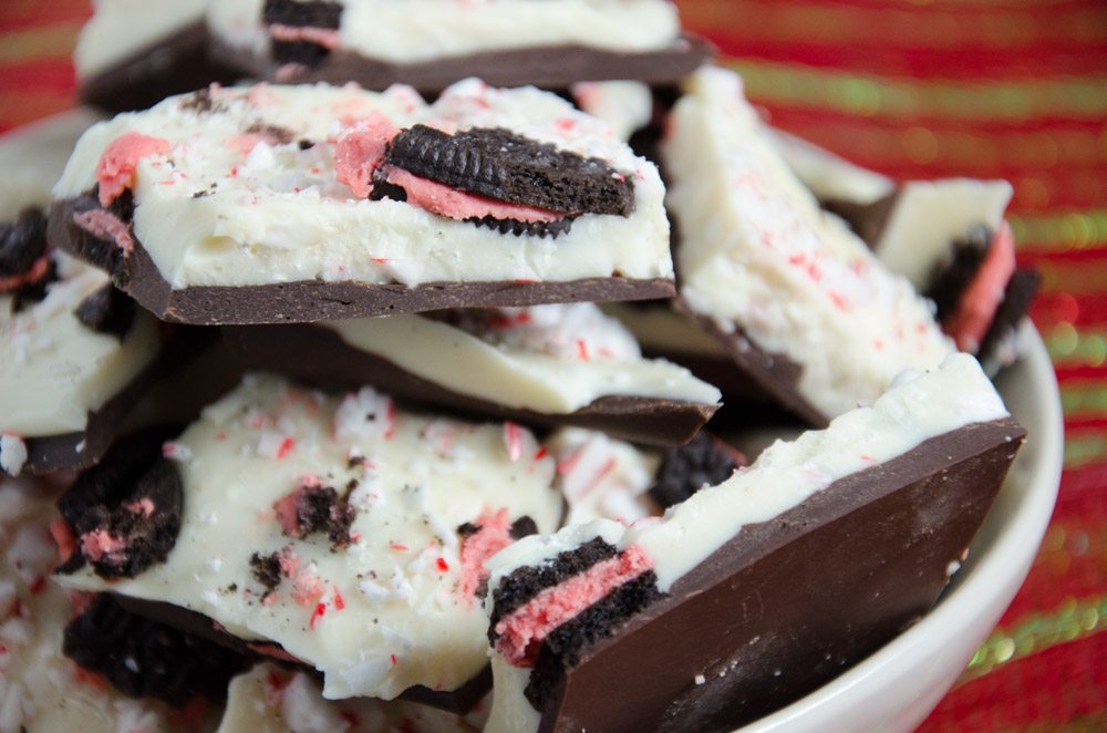 LR_Peppermint Bark_small image Homemade Christmas Peppermint Bark: peppermint, white chocolate, semi-sweet chocolate, candy canes, peppermint Oreos. Easy, classy, quick dessert, great as Christmas gift.