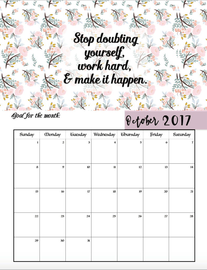 FREE Printable 2017 Motivational Monthly Calendar