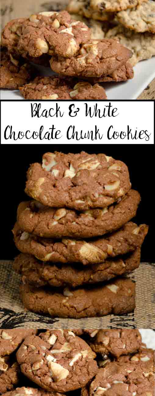 Black and white chocolate chunk cookies: decadent, soft, moist. Chocolate base with white chocolate chunks and macadamia nuts. & Tips on the perfect cookie.