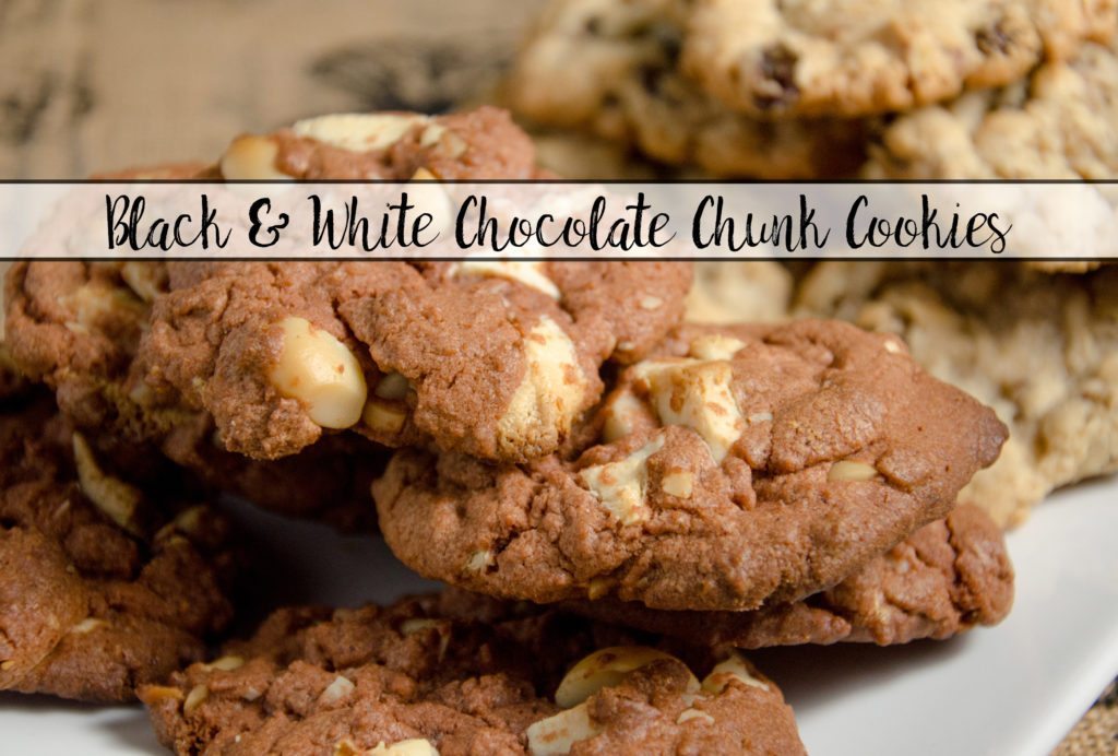Black and white chocolate chunk cookies: decadent, soft, moist. Chocolate base with white chocolate chunks and macadamia nuts. & Tips on the perfect cookie.