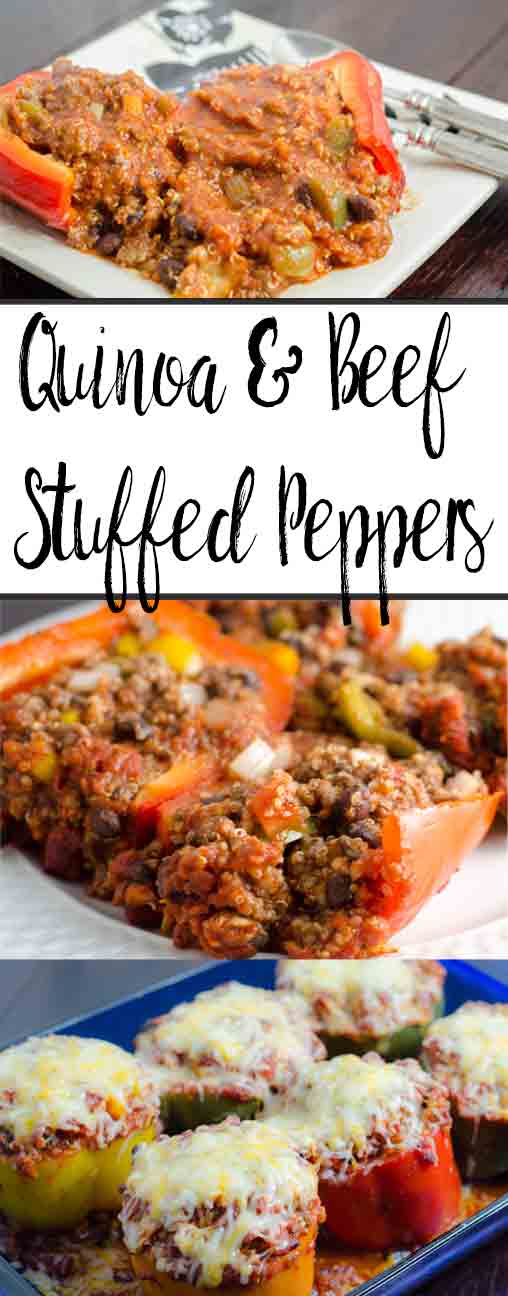 Easy Quinoa and Beef Stuffed Peppers. Healthy, filling, and taste FABULOUS! Peppers overflowing with quinoa, beef, black beans, mushrooms, & more.