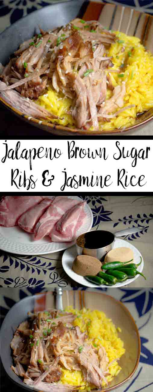 Easy Slow-Cooker Jalapeño Brown Sugar Ribs & Jasmine Rice: delicious, tender ribs with sweet and spicy sauce, contrasted perfectly with jasmine rice.