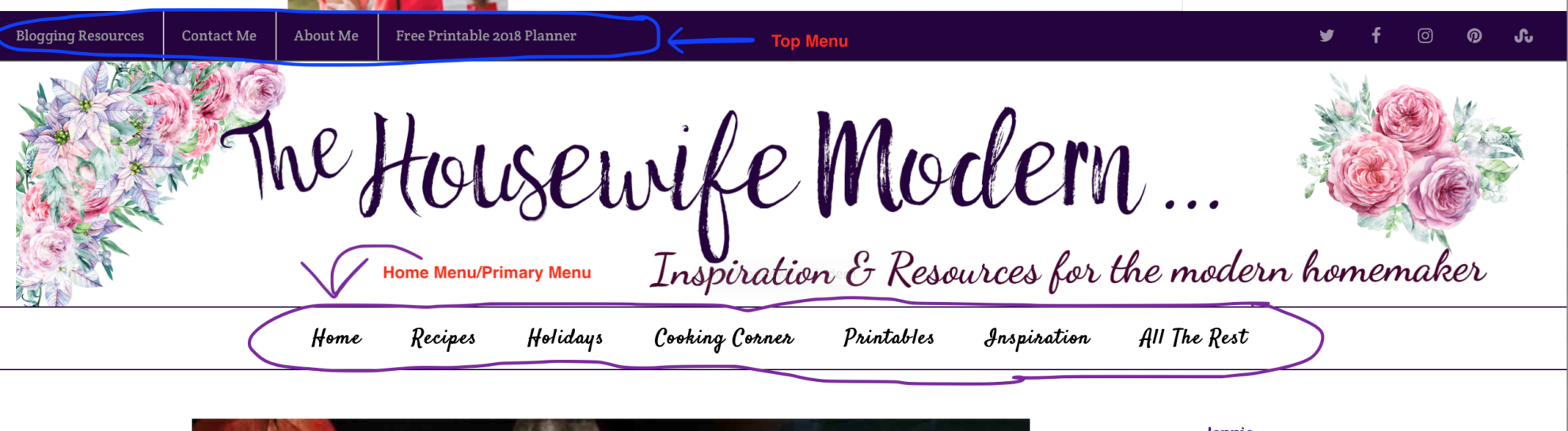 Menu Locations Top and main/primary menu locations example.