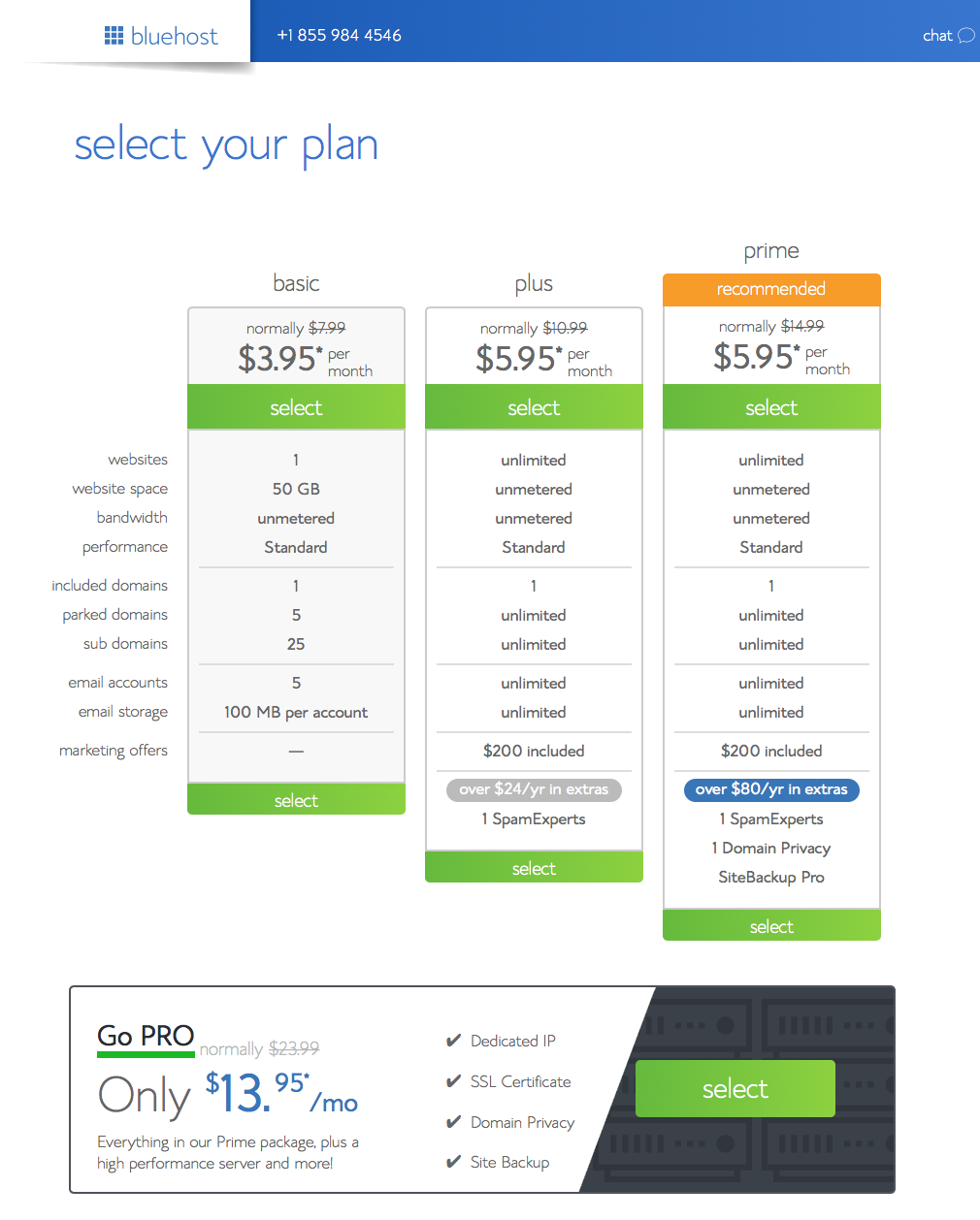 How to Start a Blog_Hosting Plan Options Once you click on "BlueHost" in the link above, it will offer you different hosting plans. Choose the one that works for you.