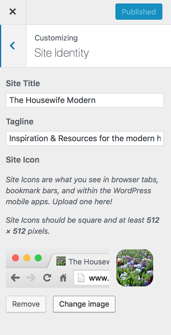 Site Identity Click on "Site Identity" to change your site title and tagline that are displayed.
