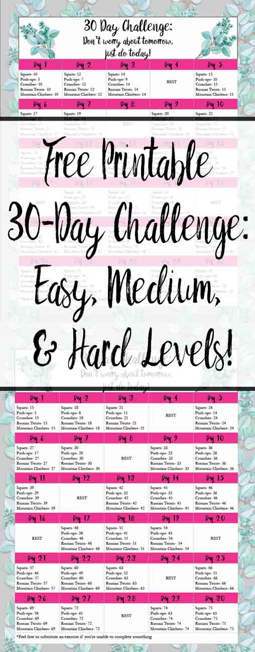 Free Exercise Printable 30Day Challenge Easy, Medium, & Hard Levels!