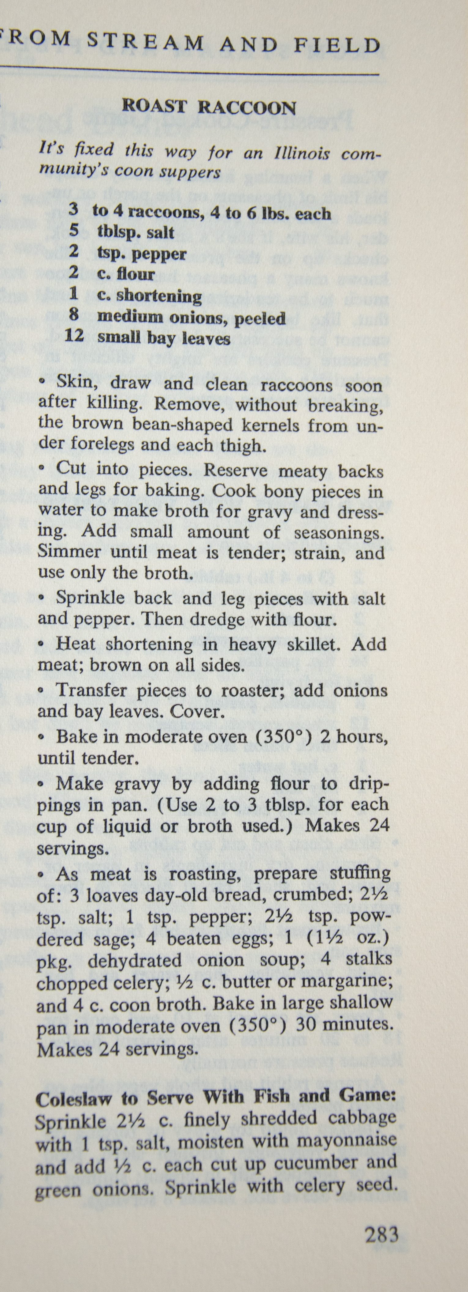 Roast Raccoon. Insane Vintage Recipes circa 1959. Farm Journal's Country Cookbook.